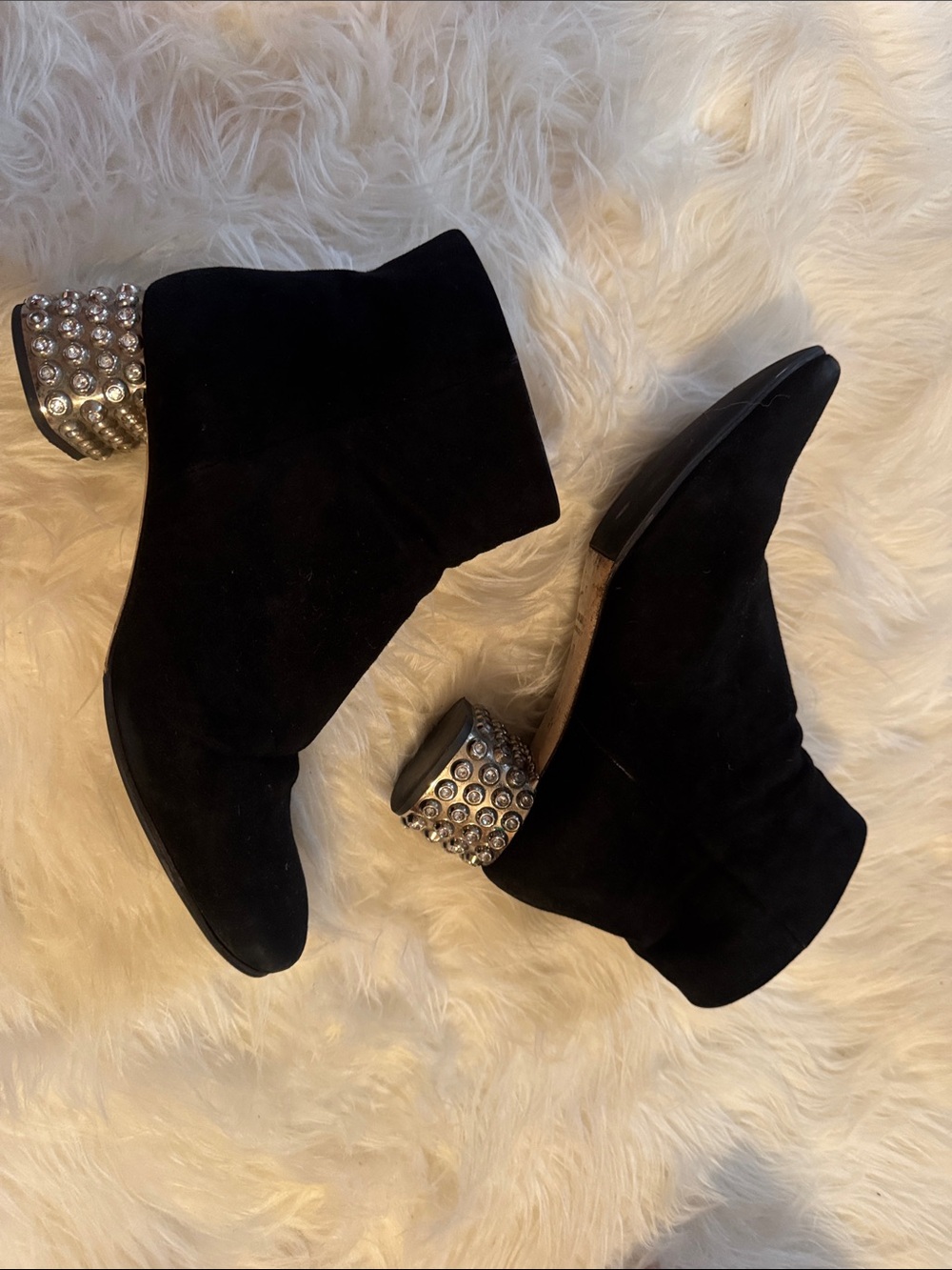 Black Suede Ankle Boots with Crystal Stud Heel by Miu Miu
